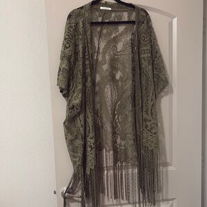 Emerette Olive Green Lace Kimono with Fringe fits most, XL